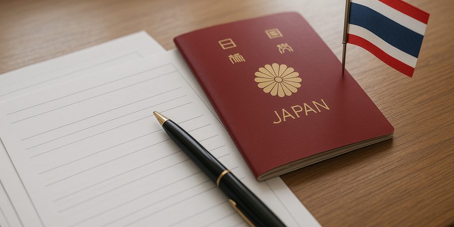 日本のパスポートと就労書類が机の上に置かれたイメージ