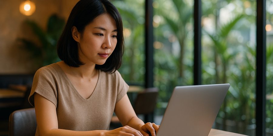 バンコクのカフェでラップトップを広げて働く日本人女性
