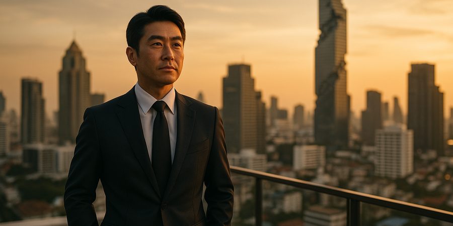バンコクの高層ビル群を背景に立つ日本人ビジネスパーソン