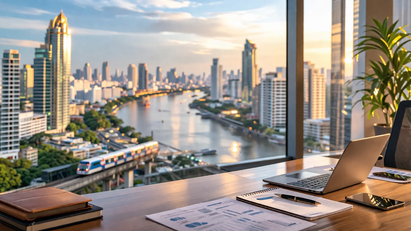 バンコクの高層ビル群を背景に打ち合わせをする日本人ビジネスパーソン