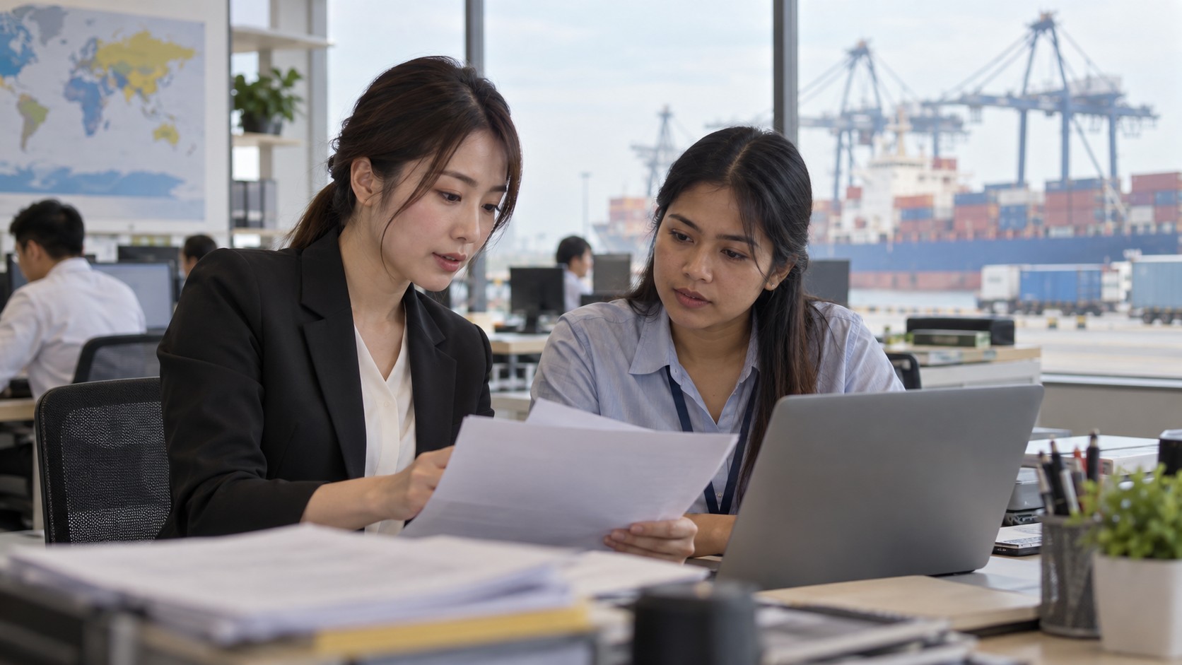 輸送書類を確認する物流CS担当者のイメージ（AI生成）