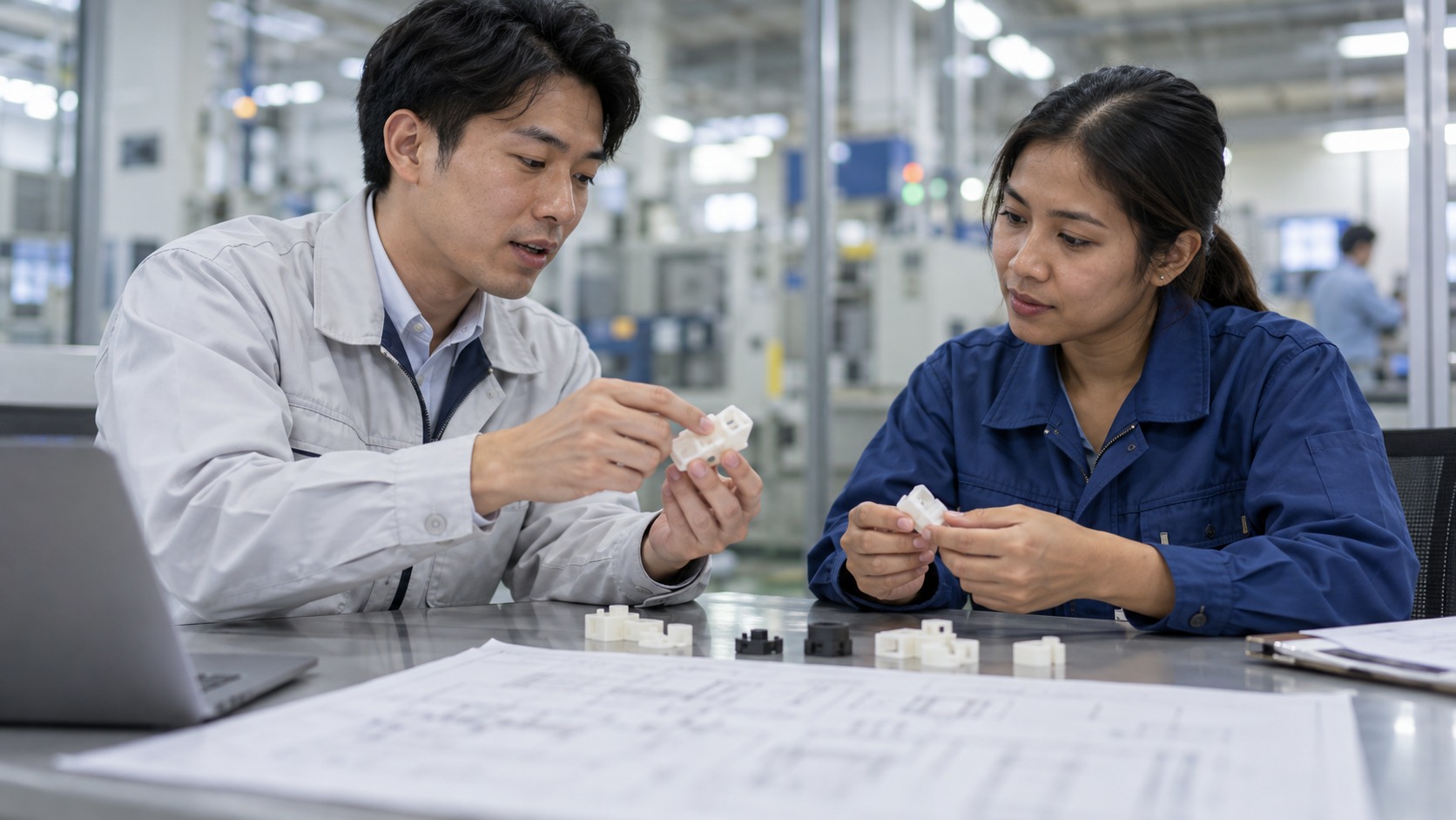 製造部品と図面を確認する営業・技術担当者（AI生成）
