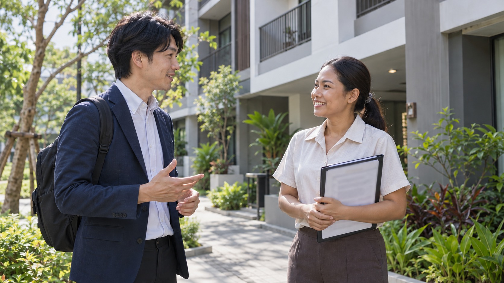 会社紹介物件の住まいを確認する求職者（AI生成）