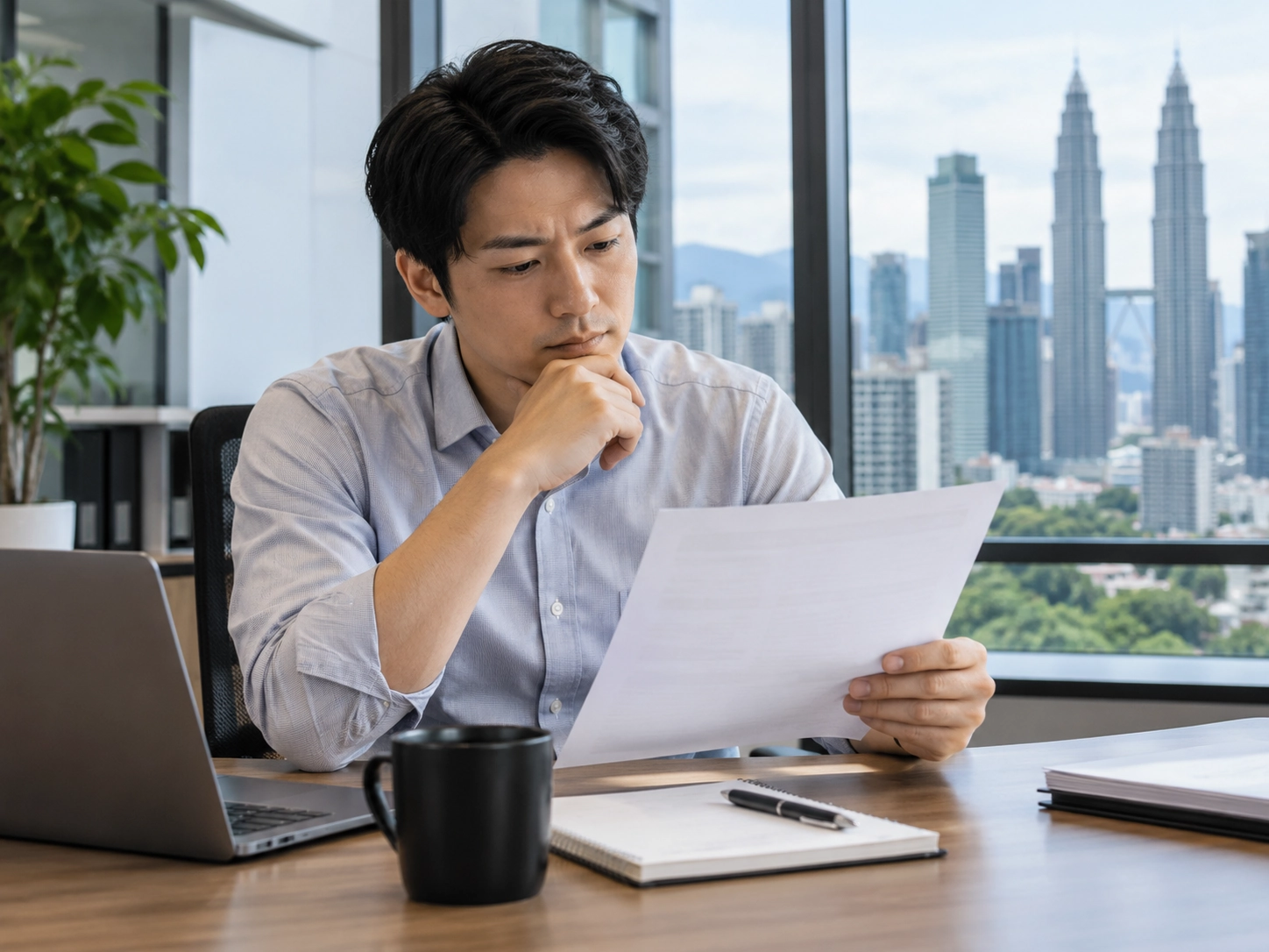 マレーシアのオフィスで給与明細を確認する日本人会社員のイメージ