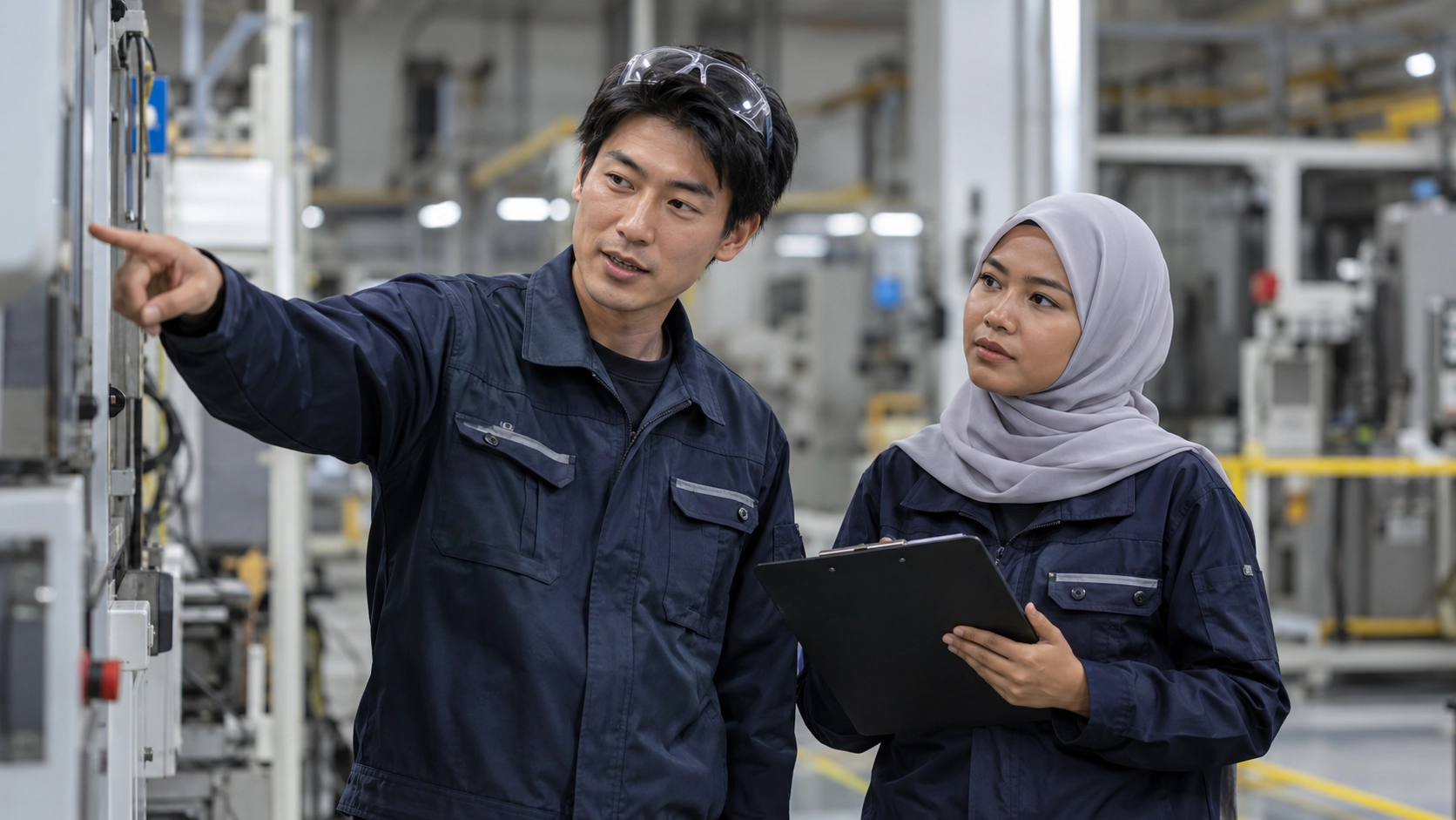 工場の現場で打ち合わせをする日本人とマレーシア人スタッフ