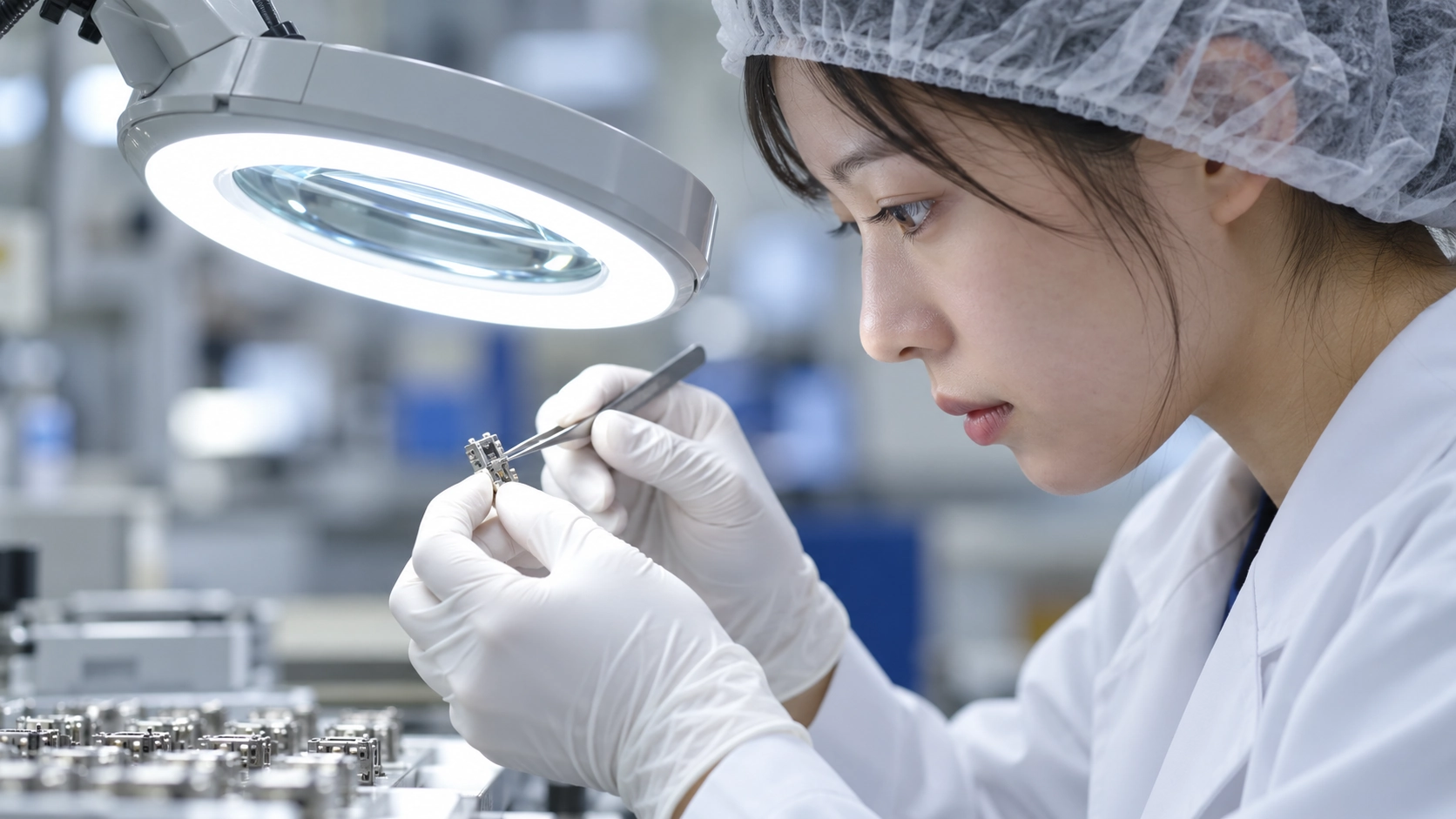 品質検査の工程で部品を確認するエンジニア