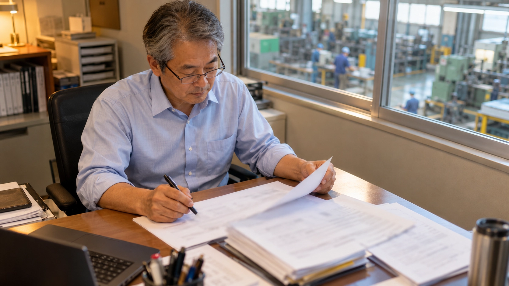 工場併設のオフィスで書類を確認する管理部門のスタッフ