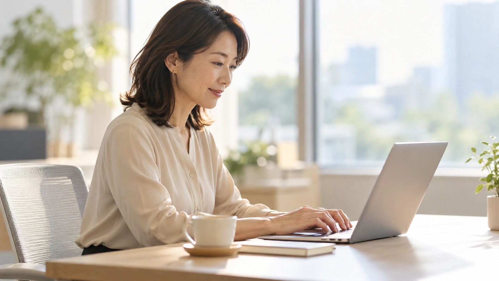 オフィスで資料を作成する日本人スタッフ