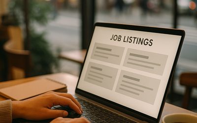 転職活動中の日本人がカフェでノートパソコンを操作