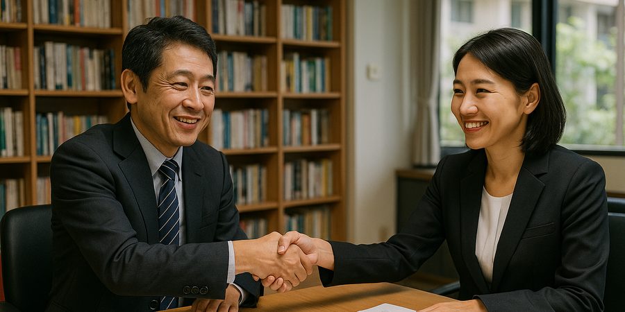 アジアの出版社で商談する日本人ビジネスマン