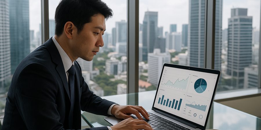 データ分析をする日本人ビジネスプロフェッショナル