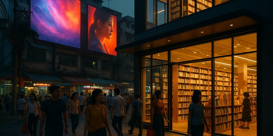 アジアの書店・広告ビルボードが並ぶ都市の風景
