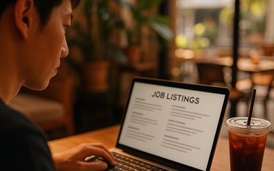 バンコクのカフェで求人を検索する日本人