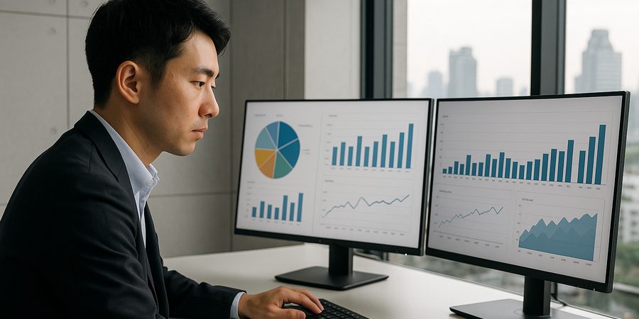 バンコクのオフィスでデータ分析をする日本人マーケター