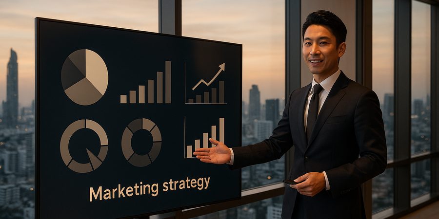 バンコクのオフィスでマーケティング戦略を発表する日本人プロフェッショナル