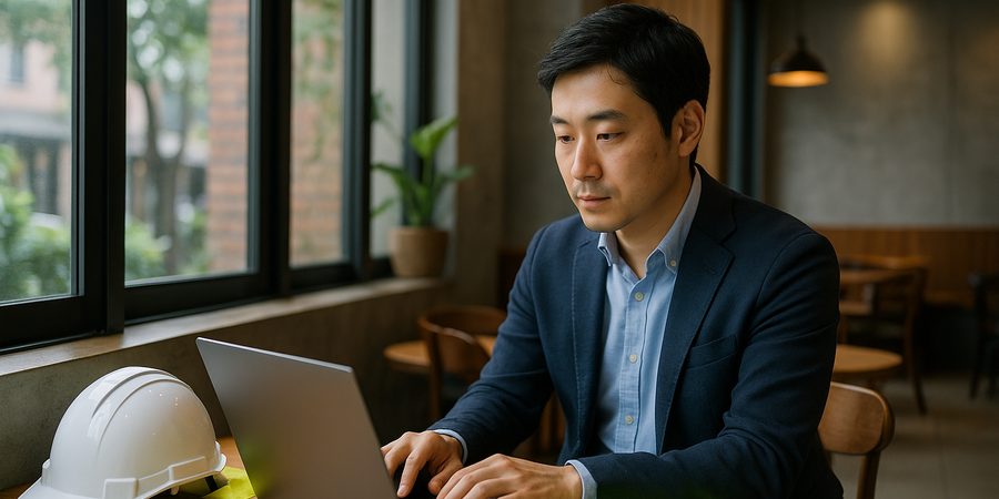 スマートフォンで海外求人を検索する施工管理者