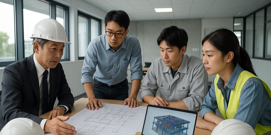 建設プロジェクトの図面を確認する施工管理チーム