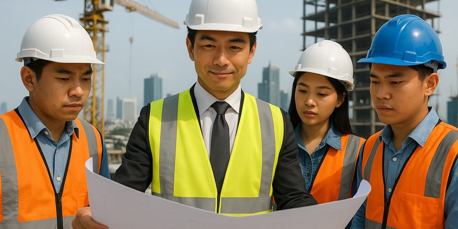 アジアの建設現場で指揮をとる日本人施工管理者