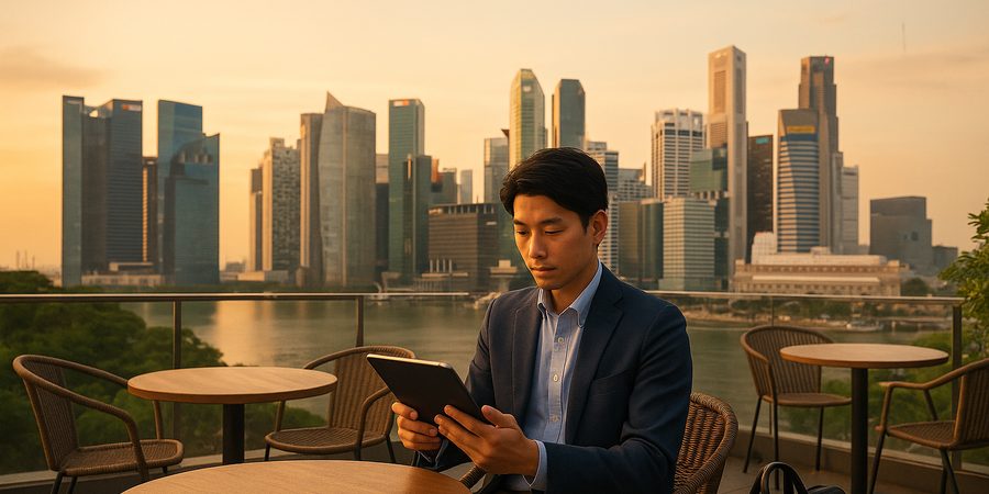 バンコク・シンガポールのルーフトップカフェでタブレットを使い求人を検索する日本人IT職