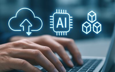 クラウド・AI技術アイコンが浮かぶノートPCのキーボード