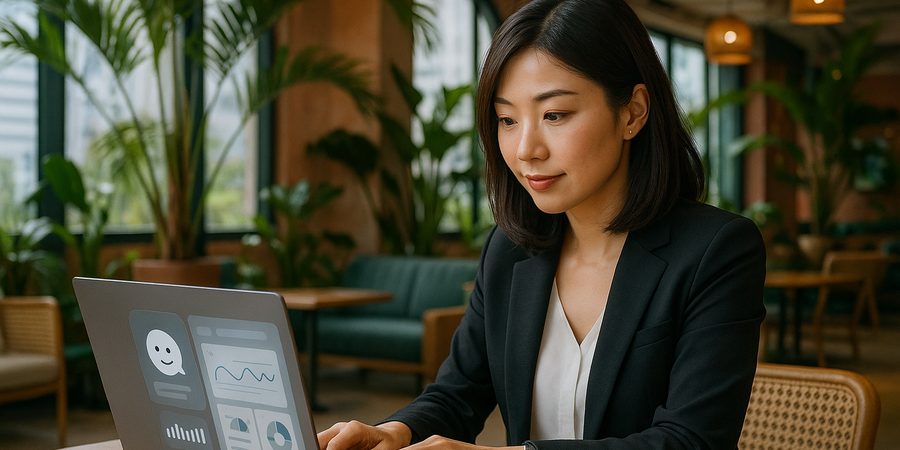 クアラルンプールのコワーキングスペースでAI分析ツールを操作する日本人女性IT営業