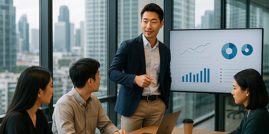 アジアのオフィスでSaaS製品をデモ発表する日本人IT営業担当者