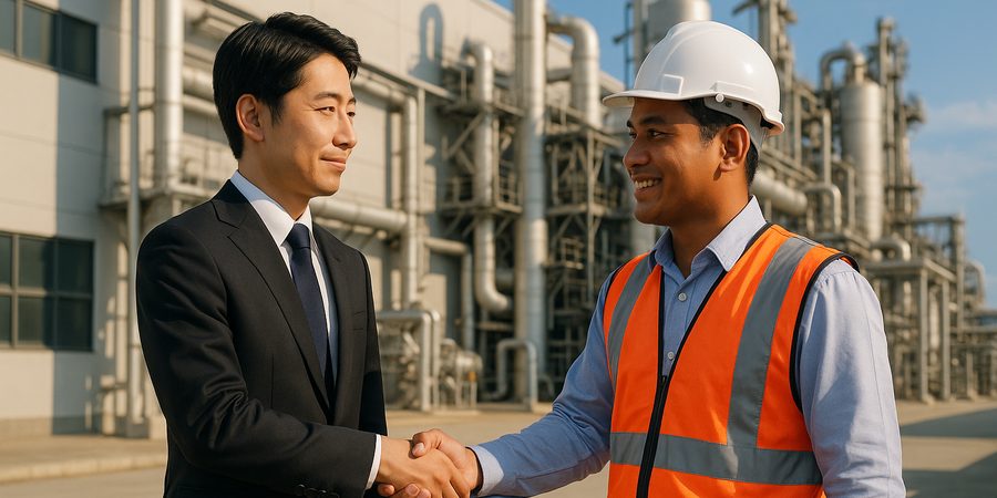 製造工場前で現地スタッフと握手する日本人セールスエンジニア