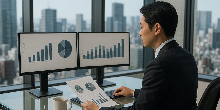 給与データを分析する日本人ビジネスパーソン