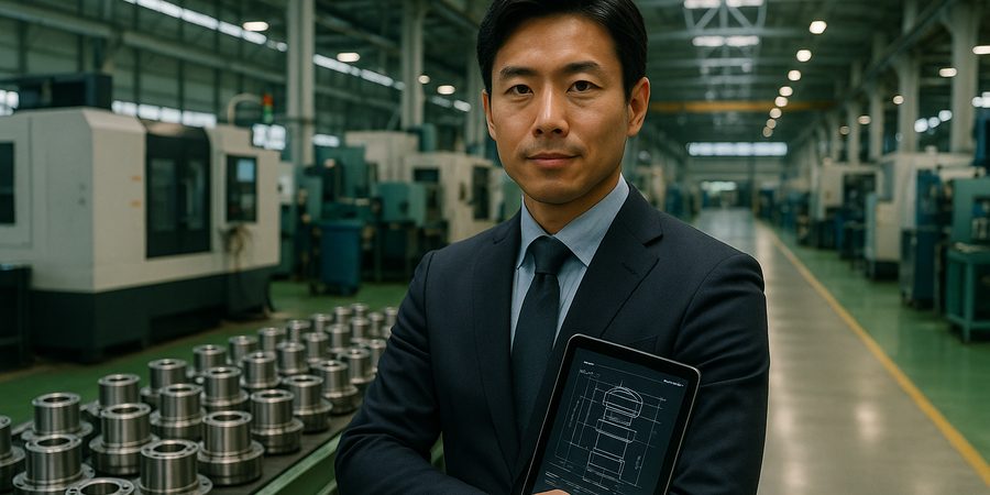 東南アジアの製造工場でタブレットを持つ日本人セールスエンジニア