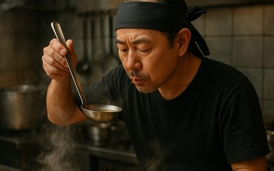 ラーメン職人がスープを確認する様子