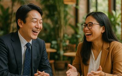 セブ島のカフェで日本人とフィリピン人チューターが英会話練習
