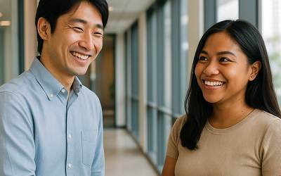 日本人とフィリピン人が職場で友好的に握手するシーン