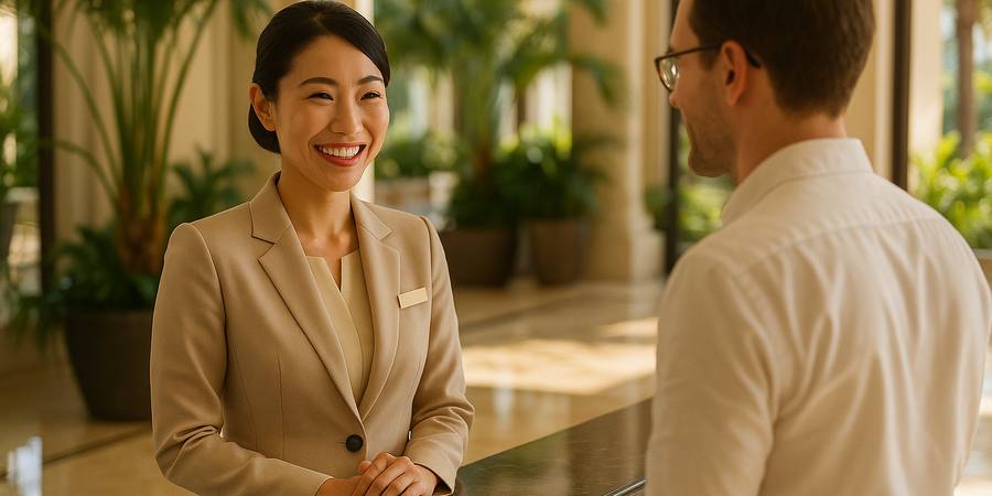 フィリピンのホテルフロントで英語対応する日本人スタッフ