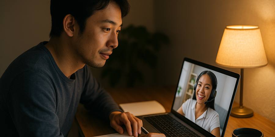 日本人がオンライン英会話でフィリピン人講師と練習するシーン