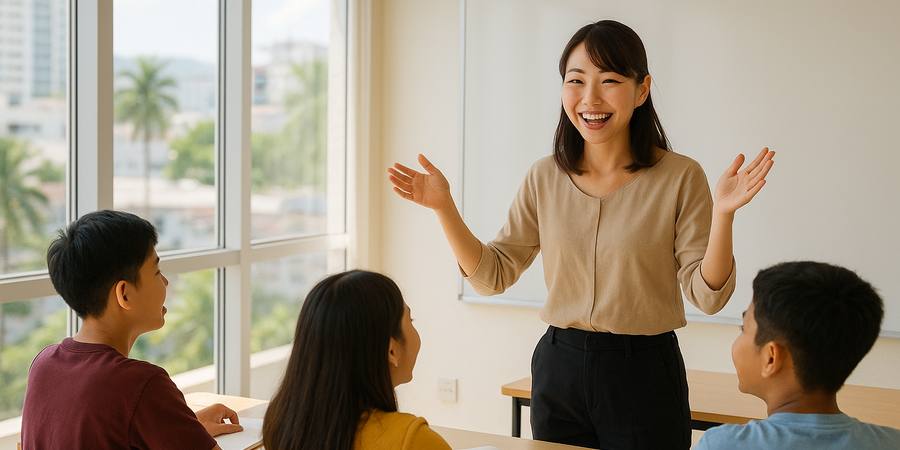 セブ島の語学学校で日本人講師がフィリピン人生徒に日本語を教えるシーン