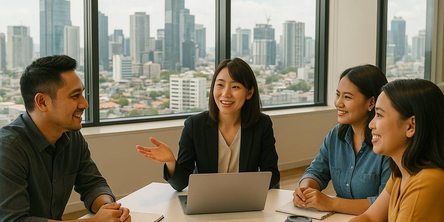 マニラのオフィスで英語ミーティングをする日本人と多国籍チーム