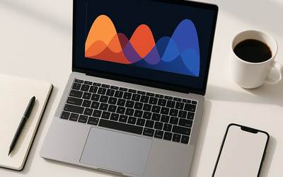 デジタルマーケ分析ダッシュボードを映すノートPCと手元の作業環境