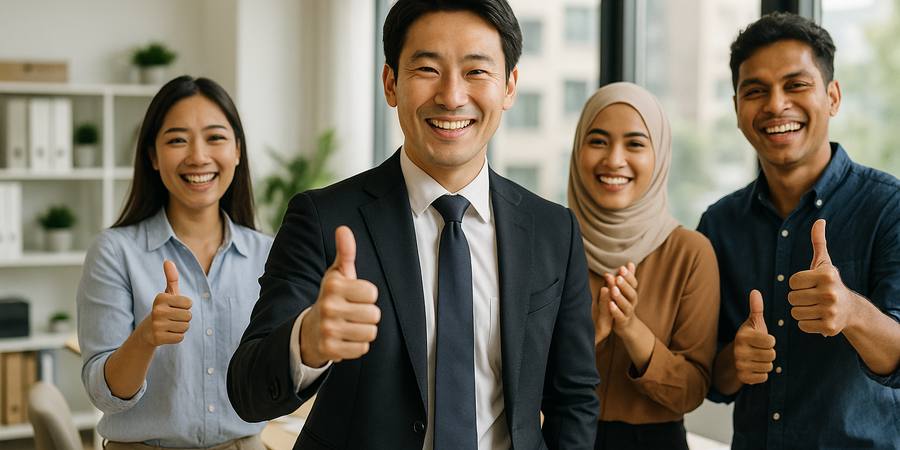 多国籍チームとキャンペーン成功を喜ぶ日本人マーケティングマネージャー