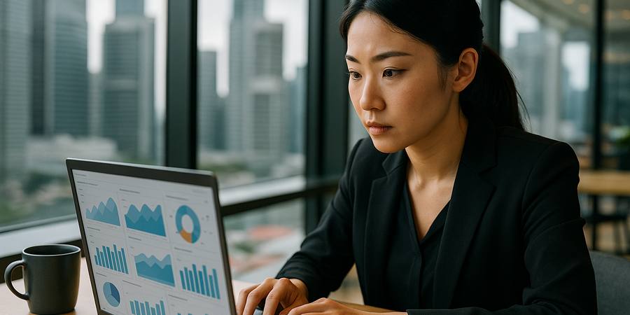 シンガポール風コワーキングスペースでデジタルマーケ分析データを確認する日本人女性プロフェッショナル