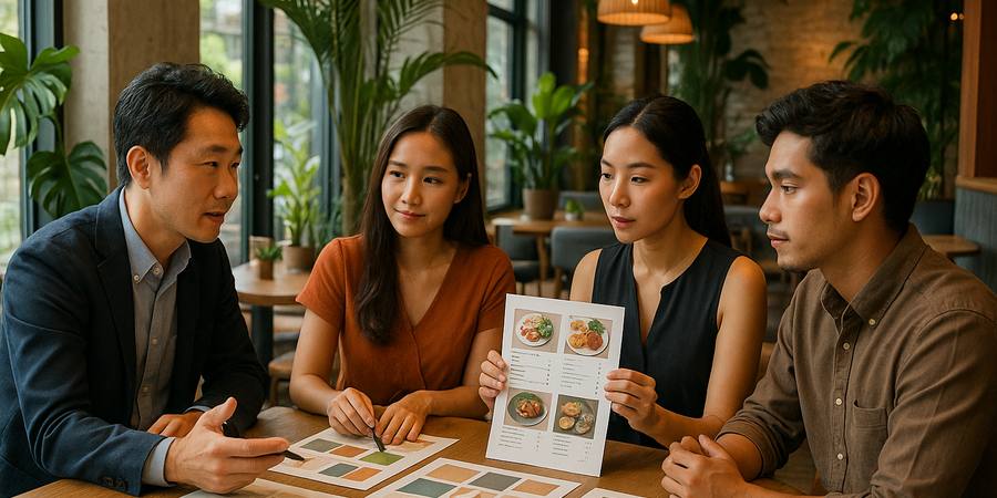 バンコクのおしゃれなカフェで飲食ブランドのマーケ戦略を話し合う日本人マネージャーと現地スタッフ
