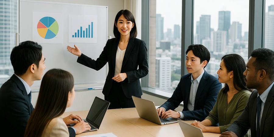 東南アジアのモダンオフィスでマーケティング計画会議を主導する日本人ビジネスウーマン