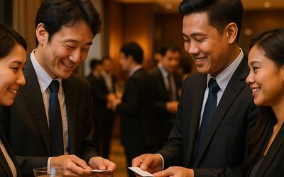 バンコクの交流会で名刺交換するビジネスパーソンたち