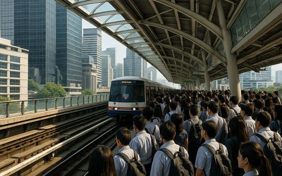 バンコクのBTSスカイトレイン高架駅と通勤客