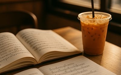 バンコクのカフェでタイ語テキストを開いて学習する様子