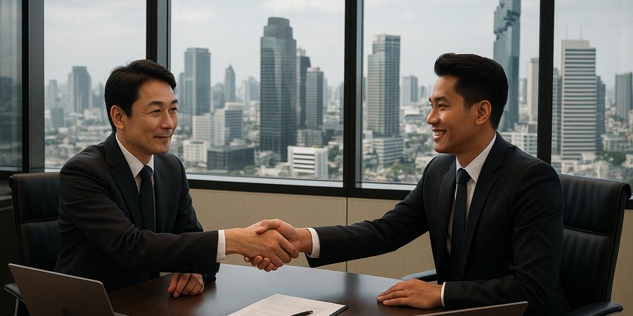 バンコクの会議室でビジネス交渉に臨む日本人エグゼクティブとタイ人パートナー