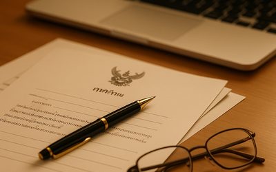 タイの法律書類と契約書が並ぶオフィスデスク