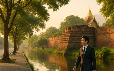 チェンマイ旧市街の朝の街並みと日本人ビジネスパーソン