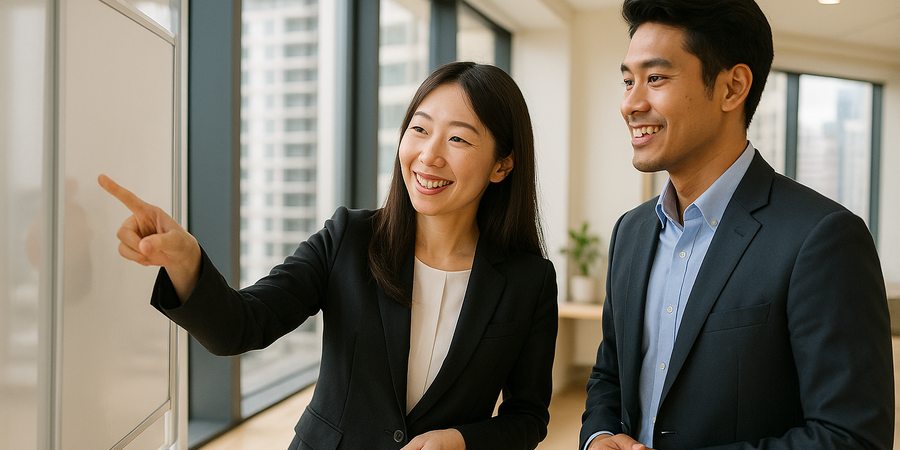 バンコクのオフィスでタイ人スタッフと自然に会議する日本人