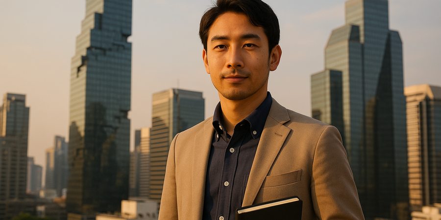 バンコク都市部を背景に転職活動に臨む日本人ビジネスパーソン