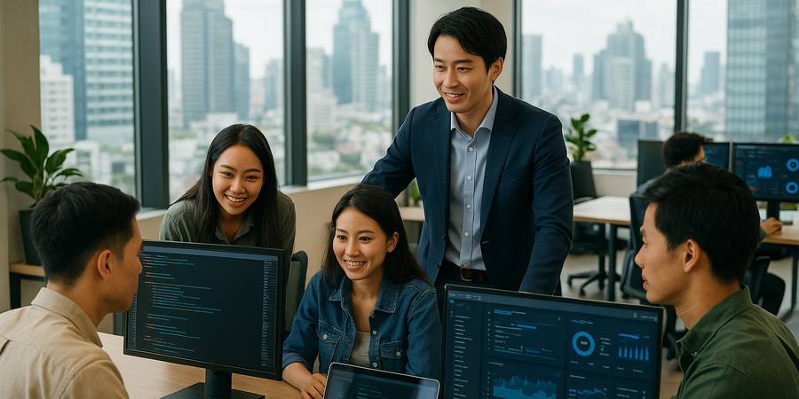 バンコクの日系IT企業オフィスで働く日本人とタイ人エンジニアチーム